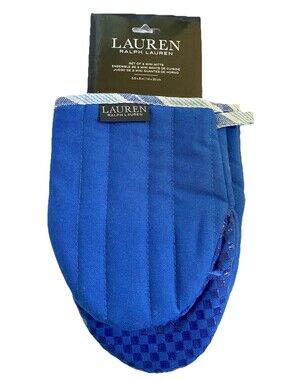 NWT Ralph Lauren Cobalt Blue Set of 2 Mini Oven Mitts Cotton 5.5" x 8"